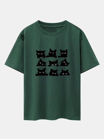 Atanasio® | Black Cat Staring Print Drop Shoulder Oversize T-Shirt