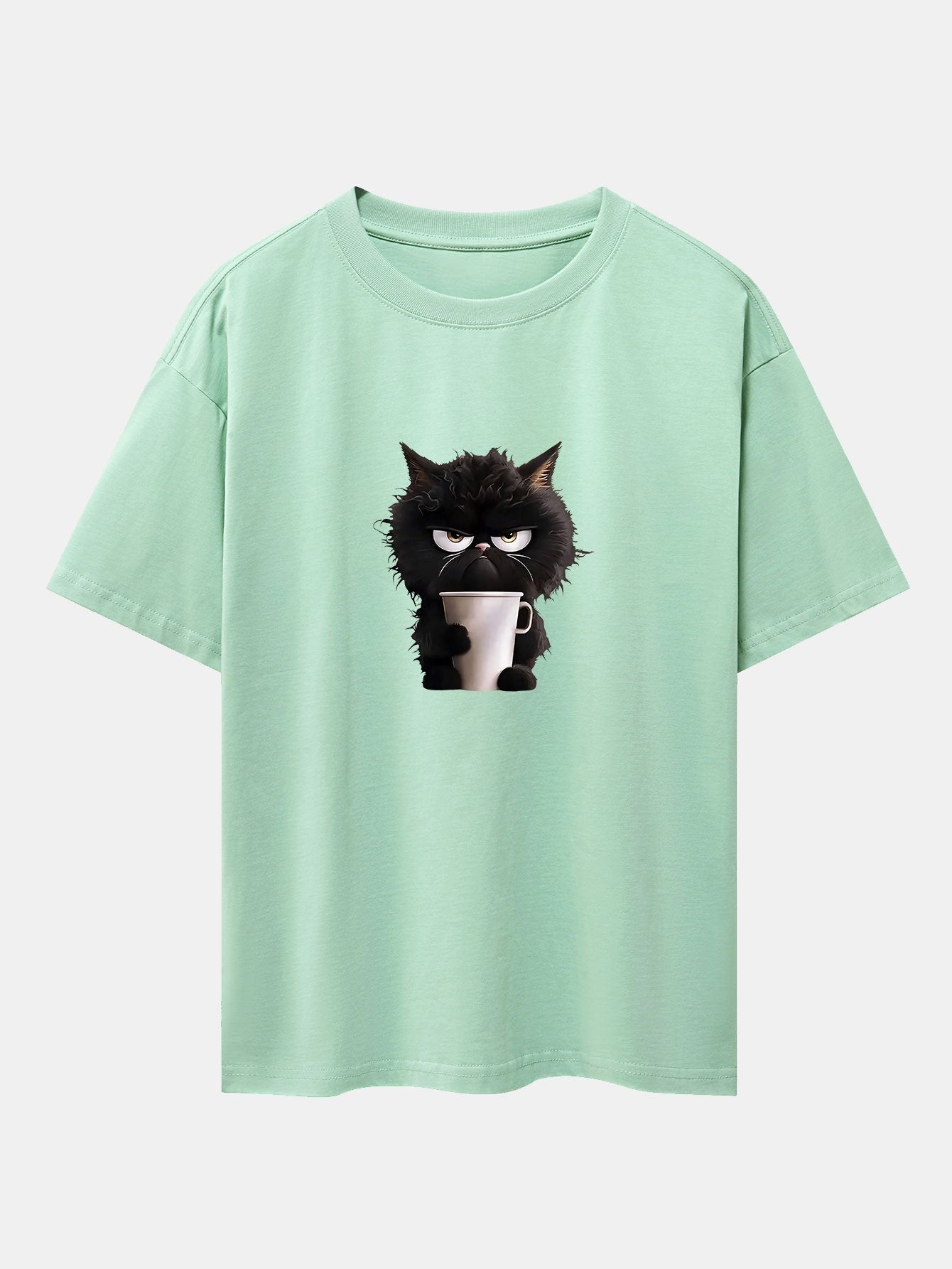 Augusto® | Black Cat Drinking Coffee Print Drop Shoulder Oversize T-Shirt