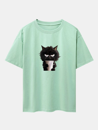 Augusto® | Black Cat Drinking Coffee Print Drop Shoulder Oversize T-Shirt