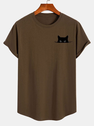Yerai® | Black Cat Print Cotton Arc Hem T-Shirt