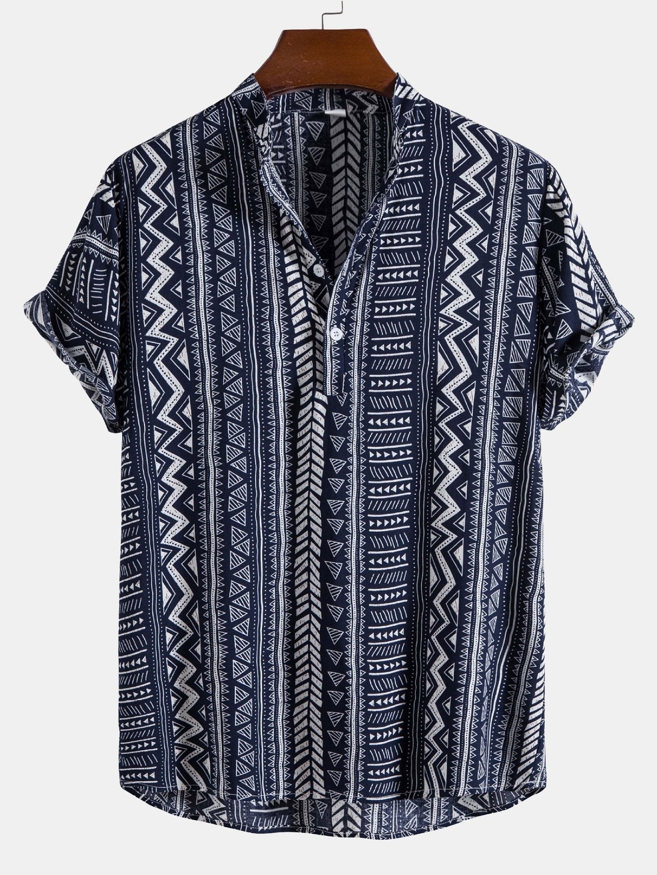 Kolby® | Tribal Geometric Print Half Placket Henley Collar Shirt