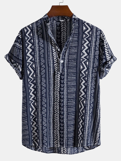 Kolby® | Tribal Geometric Print Half Placket Henley Collar Shirt