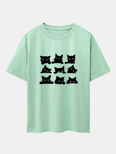 Atanasio® | Black Cat Staring Print Drop Shoulder Oversize T-Shirt