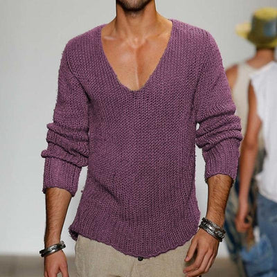 Men's Casual Solid Color V-Neck Loose Knit Pullover Sweater