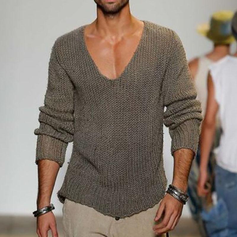 Men's Casual Solid Color V-Neck Loose Knit Pullover Sweater