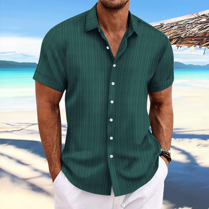 Men's Cotn Linen Stripe Print Loose Short Sleeve Lapel Shirt