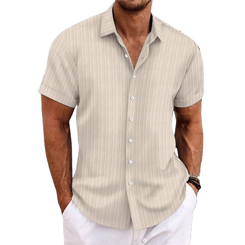 Men's Cotn Linen Stripe Print Loose Short Sleeve Lapel Shirt