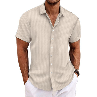 Men's Cotn Linen Stripe Print Loose Short Sleeve Lapel Shirt