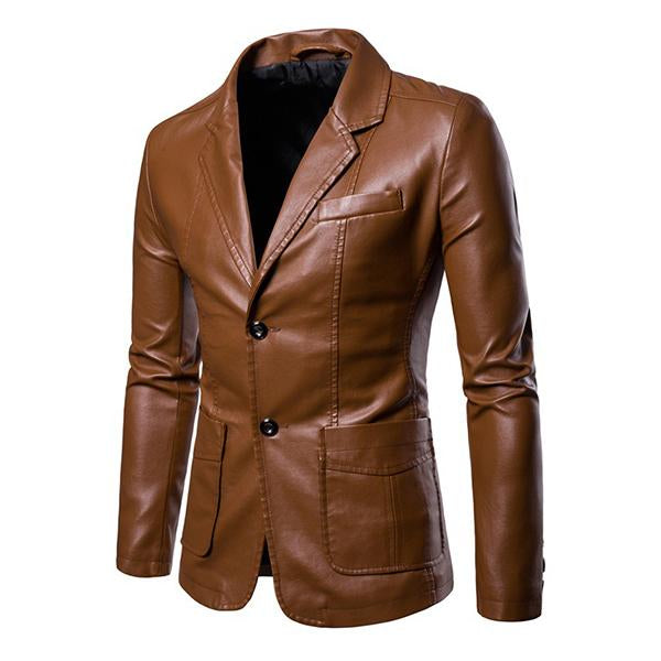Men's Vintage Lapel Two Button Single Breasted Slim Fit PU Blazer