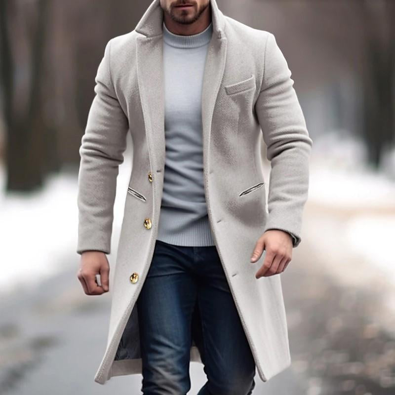 Men'S Vine Solid Color Long Woolen Single-Breasted Lapel Coat