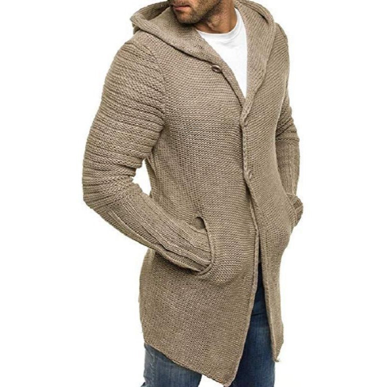 Men's Casual Hooded Single Breasted Long Sleeve Mid Length Knit Cardigan