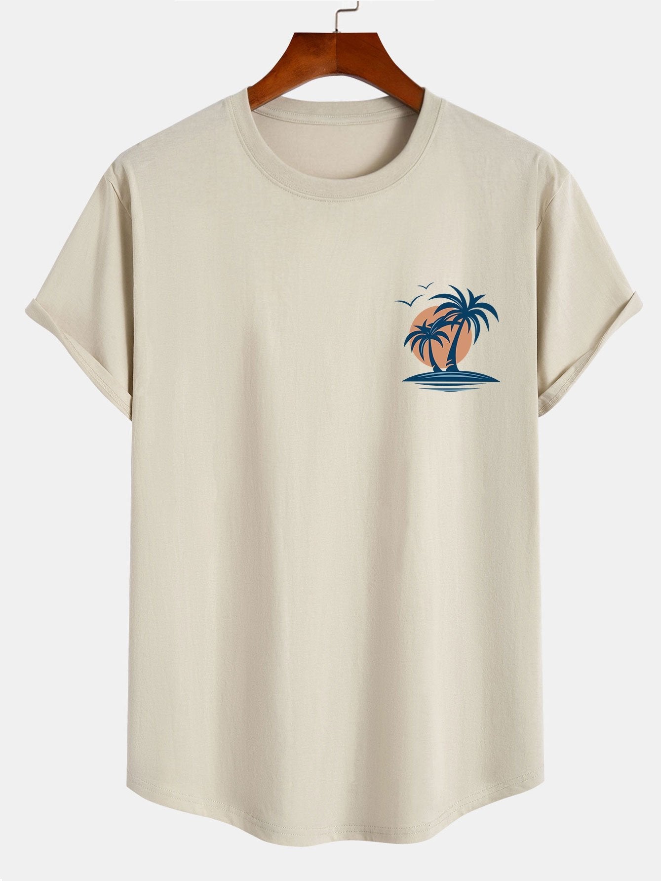 Brian® | Palm Tree Seagull Print Cotton Arc Hem T-Shirt