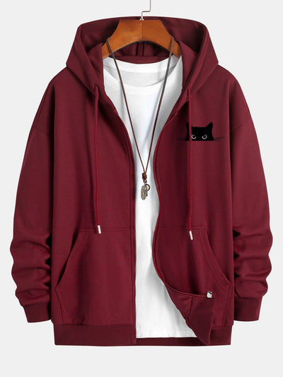 Harry | Black Cat Print Relax Fit Zip Hoodie