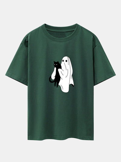 Aurelio® | Ghost Black Cat Print Drop Shoulder Oversize T-Shirt