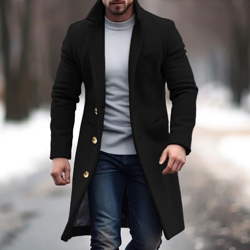 Men'S Vine Solid Color Long Woolen Single-Breasted Lapel Coat