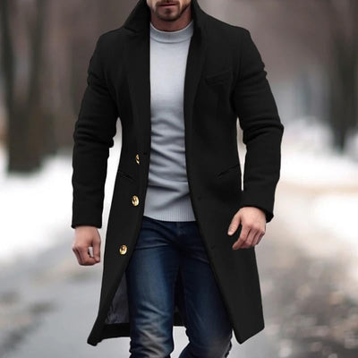 Men'S Vine Solid Color Long Woolen Single-Breasted Lapel Coat