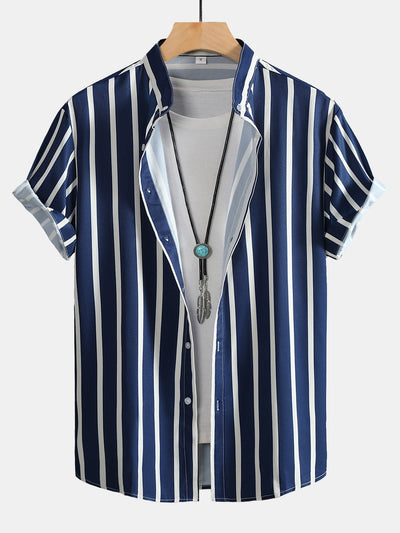 Andreas® | Striped Button Up Stand Collar Shirt