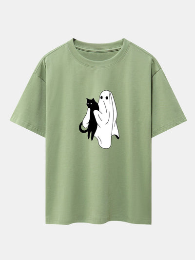 Aurelio® | Ghost Black Cat Print Drop Shoulder Oversize T-Shirt