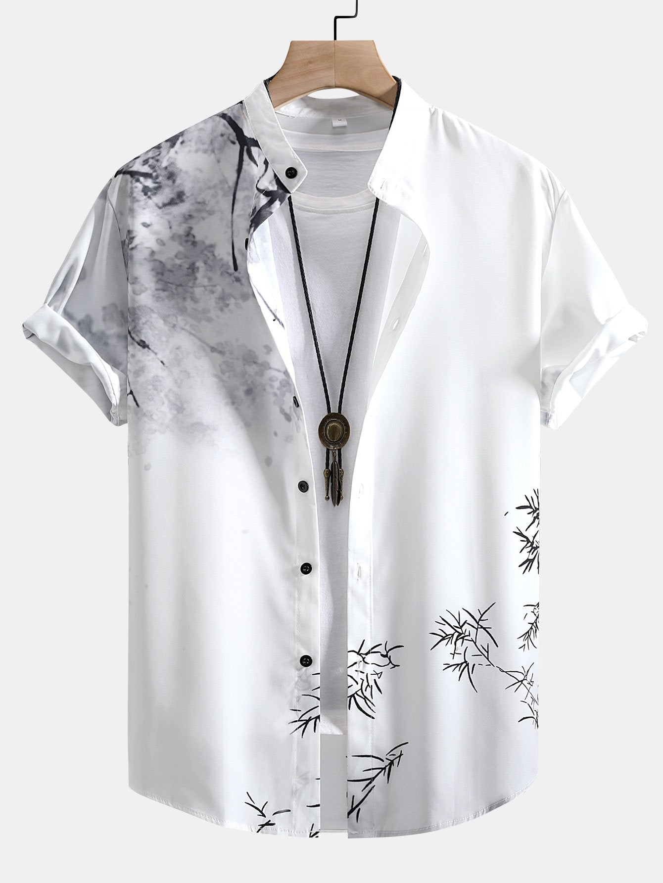 Malik® | Traditional Oriental Ink Painting Print Stand Collar Shirt