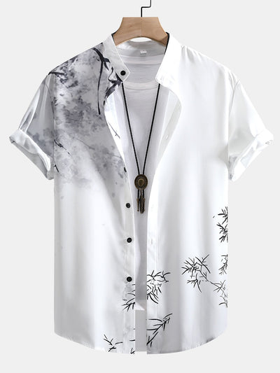 Malik® | Traditional Oriental Ink Painting Print Stand Collar Shirt