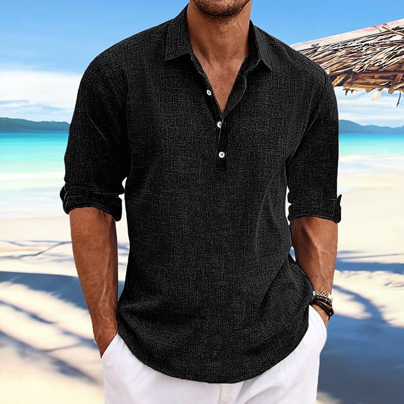 Men's Casal Solid Color Pllover Lapel Roll-p Cotn and Linen Sleeve Long Sleeve Shirt