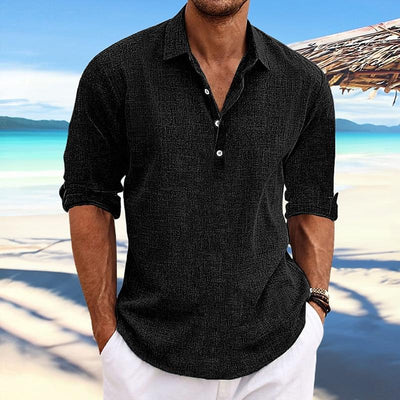 Men's Casal Solid Color Pllover Lapel Roll-p Cotn and Linen Sleeve Long Sleeve Shirt