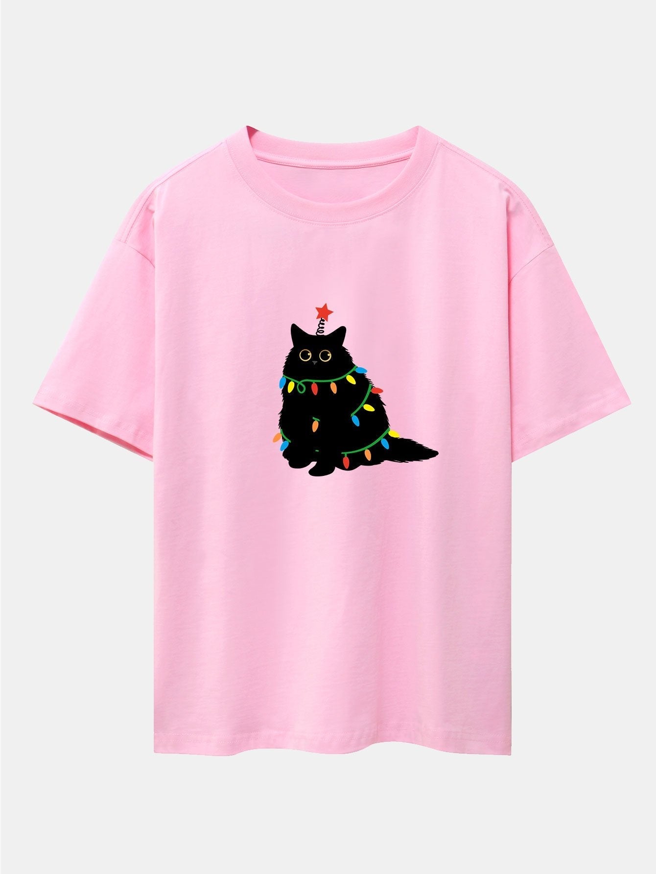 Silvano® | Christmas Lights Black Cat Print Drop Shoulder Oversize T-Shirt