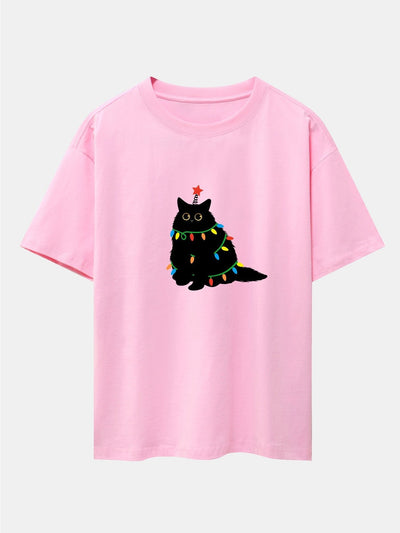 Silvano® | Christmas Lights Black Cat Print Drop Shoulder Oversize T-Shirt