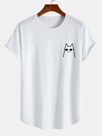 Anthony® | Cat With Sunglasses Print Cotton Arc Hem T-Shirt