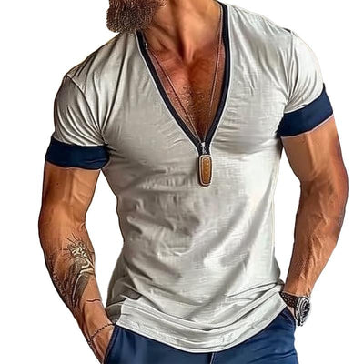 Men's Casal Cotn Blended Colorblock V Neck Short Sleeve T-Shirt