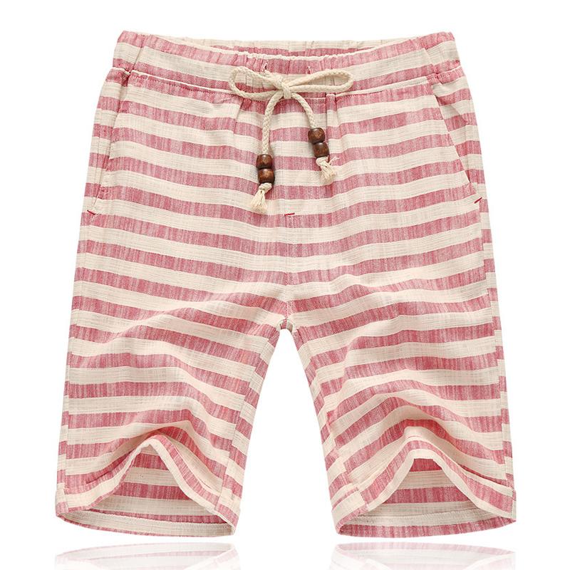 Men's Casal Cotn Linen Stripe Elastic Waist Straight Shorts