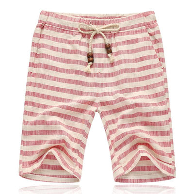 Men's Casal Cotn Linen Stripe Elastic Waist Straight Shorts