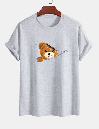 Yeray® | Zipper Bear Print Cotton T-Shirt