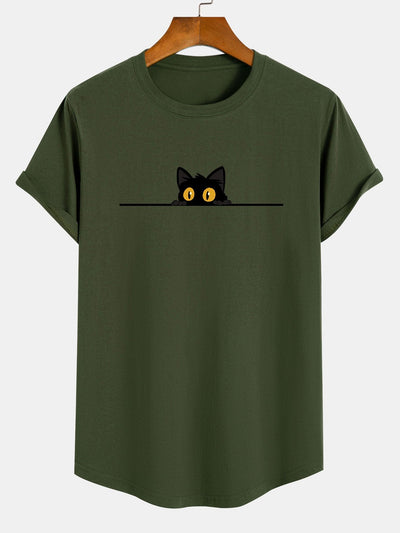 Axel® | Black Cat Print Cotton Arc Hem T-Shirt