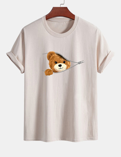 Yeray® | Zipper Bear Print Cotton T-Shirt