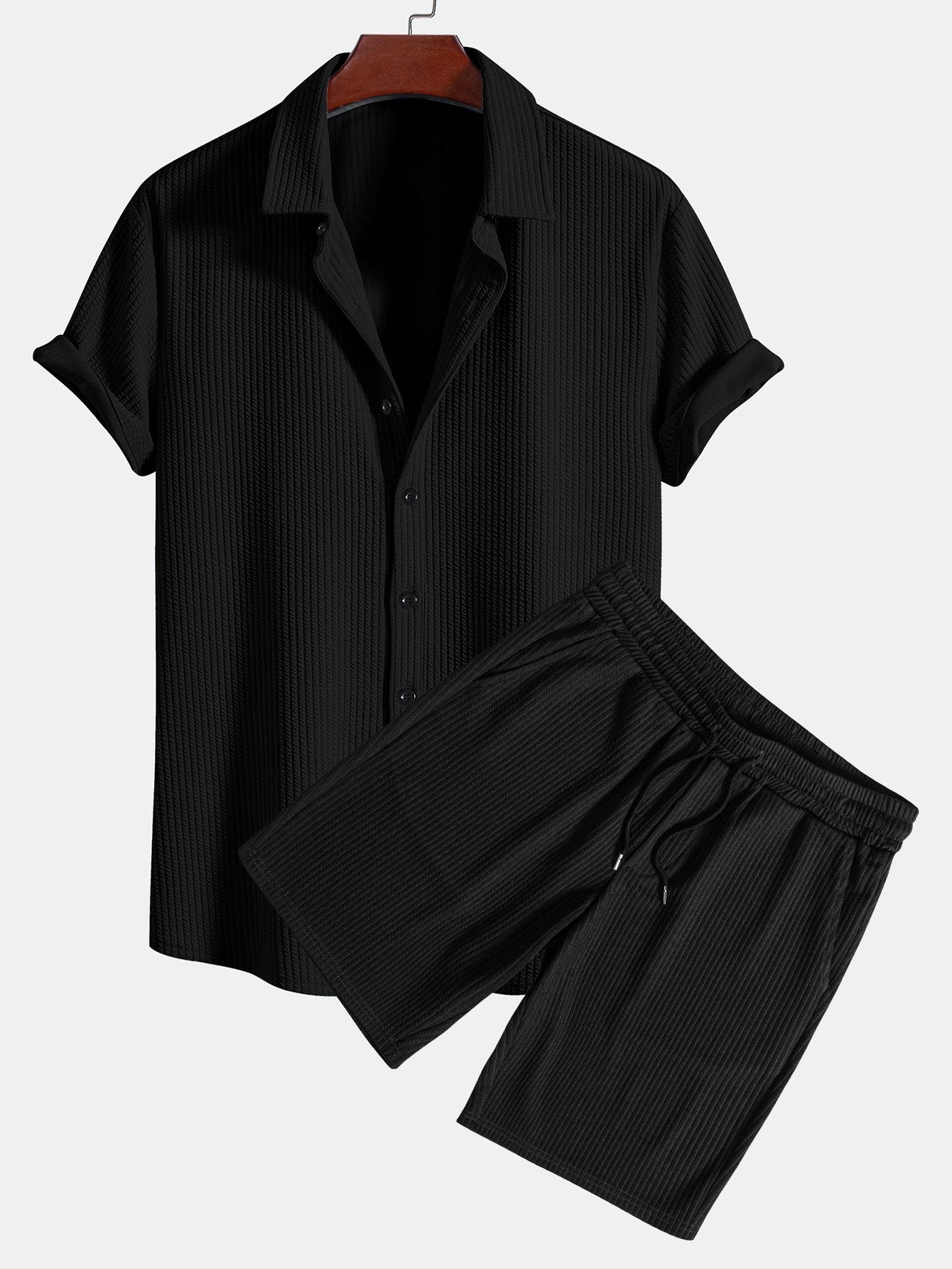 Tate® | Muscle Fit Ribbed Button Up Shirt & Shorts