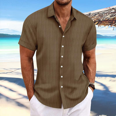 Men's Cotn Linen Stripe Print Loose Short Sleeve Lapel Shirt