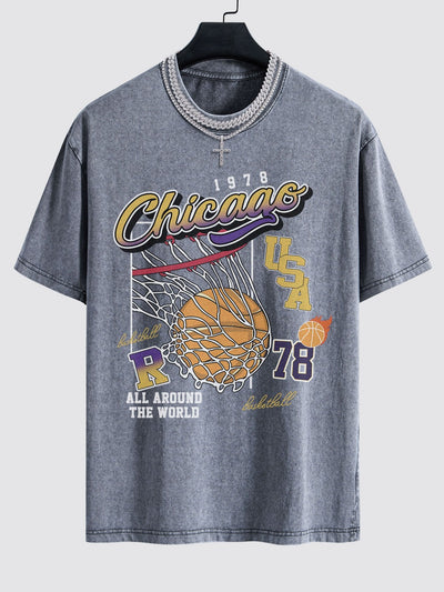 Lino® | Chicago Basketball Print Washed Drop Shoulder Oversize T-Shirt