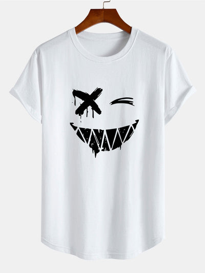 Nathaniel® | Smiley Face Print Cotton Arc Hem T-Shirt