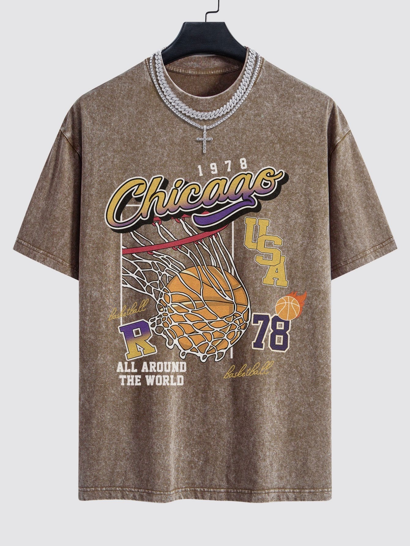 Alfonso® | Chicago Basketball Print Washed Drop Shoulder Oversize T-Shirt