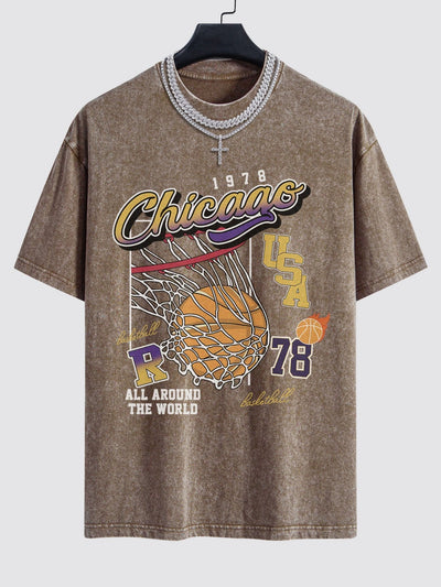 Alfonso® | Chicago Basketball Print Washed Drop Shoulder Oversize T-Shirt