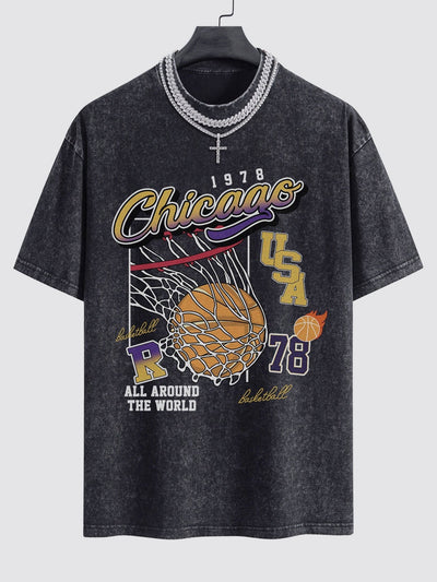 Alfonso® | Chicago Basketball Print Washed Drop Shoulder Oversize T-Shirt