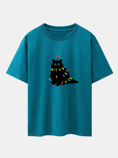Juan® | Christmas Lights Black Cat Print Drop Shoulder Oversize T-Shirt