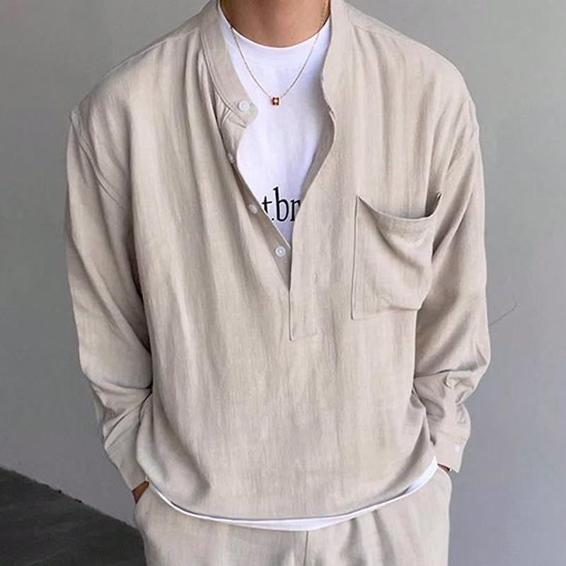 Men's Casal Solid Color Henley Collar Long Sleeve Shirt