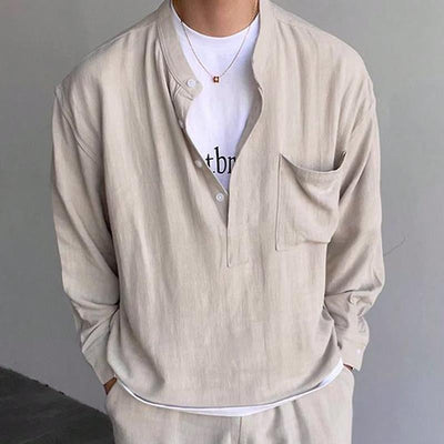 Men's Casal Solid Color Henley Collar Long Sleeve Shirt