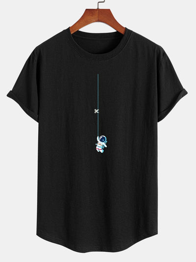 Leopoldo® | Astronaut On A String Print Cotton Arc Hem T-Shirt