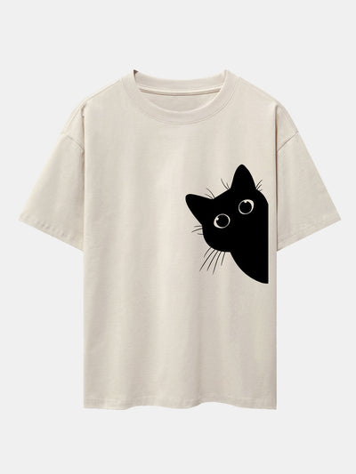 Zacarías® | Black Cat Print Drop Shoulder Oversize T-Shirt
