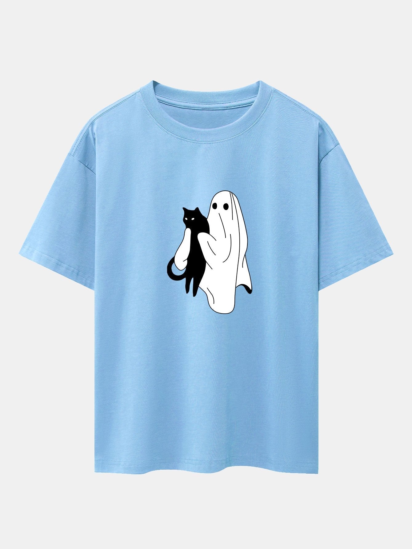 Aurelio® | Ghost Black Cat Print Drop Shoulder Oversize T-Shirt