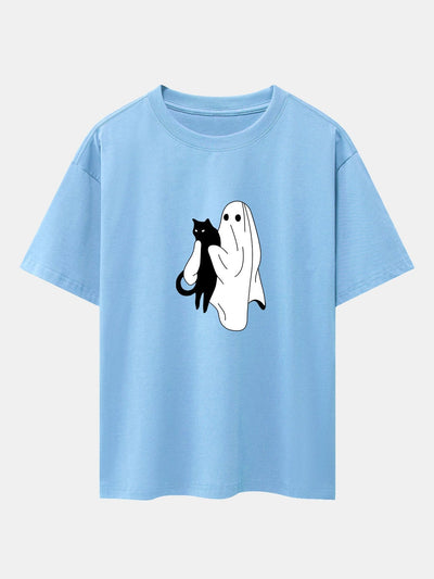 Aurelio® | Ghost Black Cat Print Drop Shoulder Oversize T-Shirt