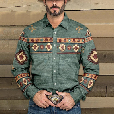 Men's Western DeniPrint Lapel Long Sleeve Shirt